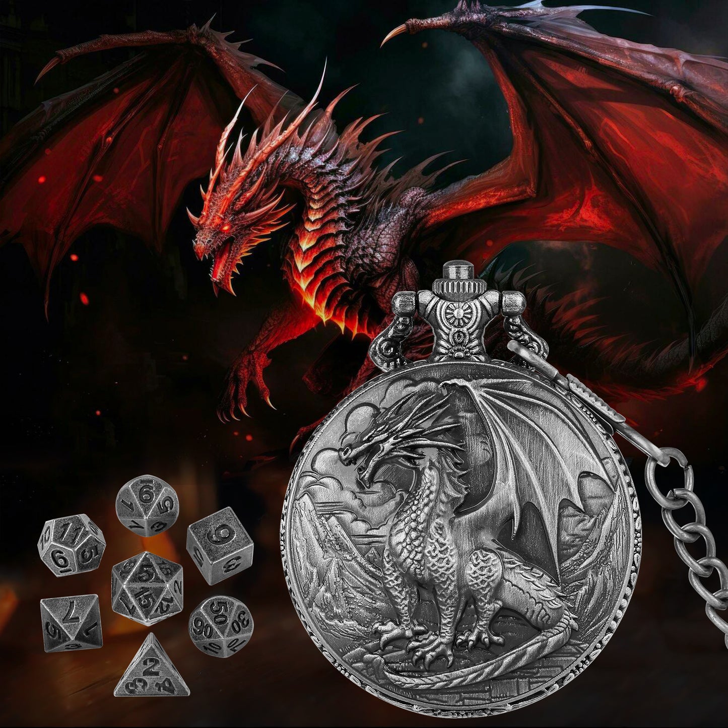 Dice Set With 3D Carved Pocket Watch, Equipped With 7-piece Polyhedral Metal Dice, Role-playing Game Accessories, Men's And Women's Birthday Gifts, Christmas Gifts, Family Gathering Tabletop Games