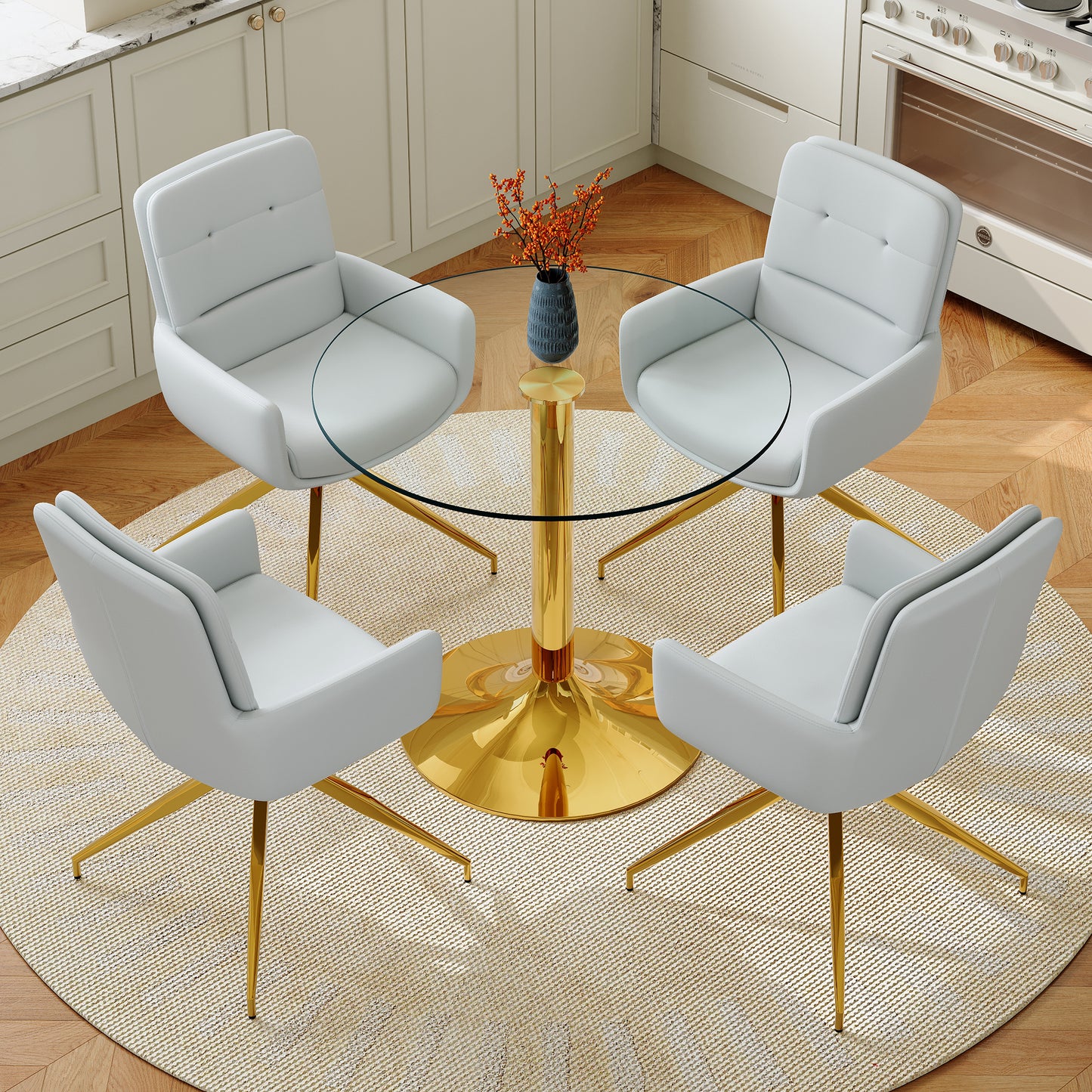 Table & Chair Collection Round, Slightly Luxurious Glass Table With 85 Cm Diameter And Metallic Support Structure, Combined With 4 Light Grey 360 Swivel PU Dining Chairs.
