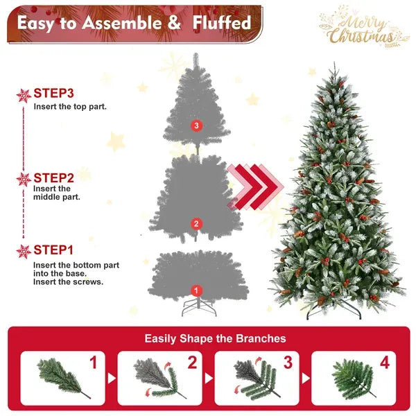 Artificial 5ft Green Christmas Tree With 1113PE/PVC Mixed Branch Tips,Red Fruit And Pine Cone,Hinged Premium & Foldable Base For Indoor Holiday Decorating