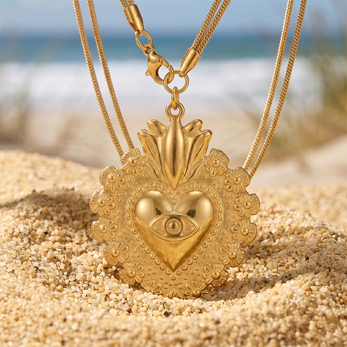 Sacred Heart Evil Eye Pendant Necklace For Women, 18K Gold Plated Stainless Steel Snake Chain Choker, Protection Amulet Religious Jewelry Gift