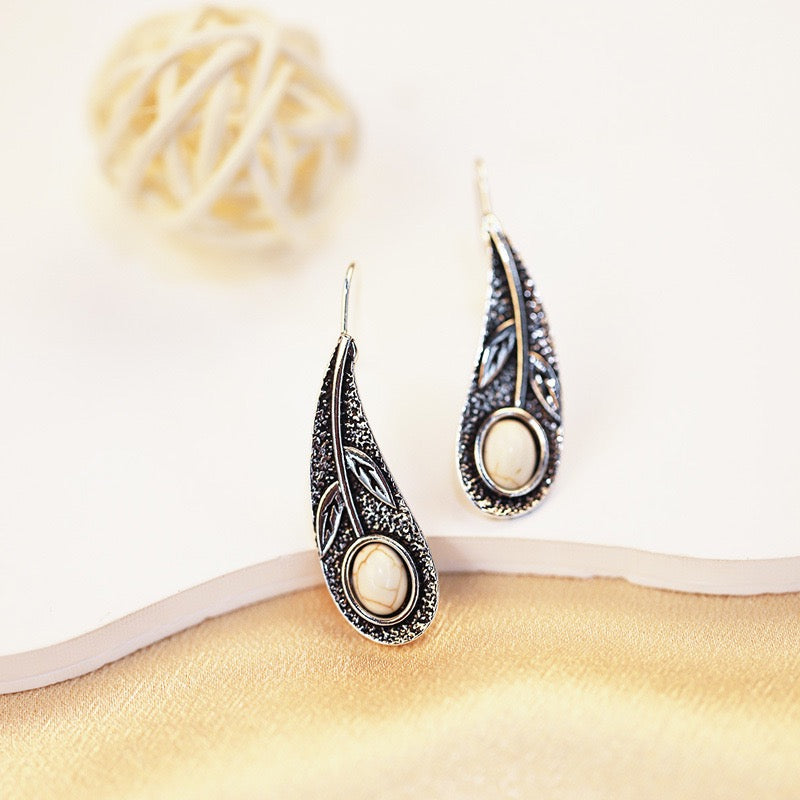 Ethnic Vintage Leaf Earrings For Women Faux Turquoise Teardrop Studs Bohemian Gift