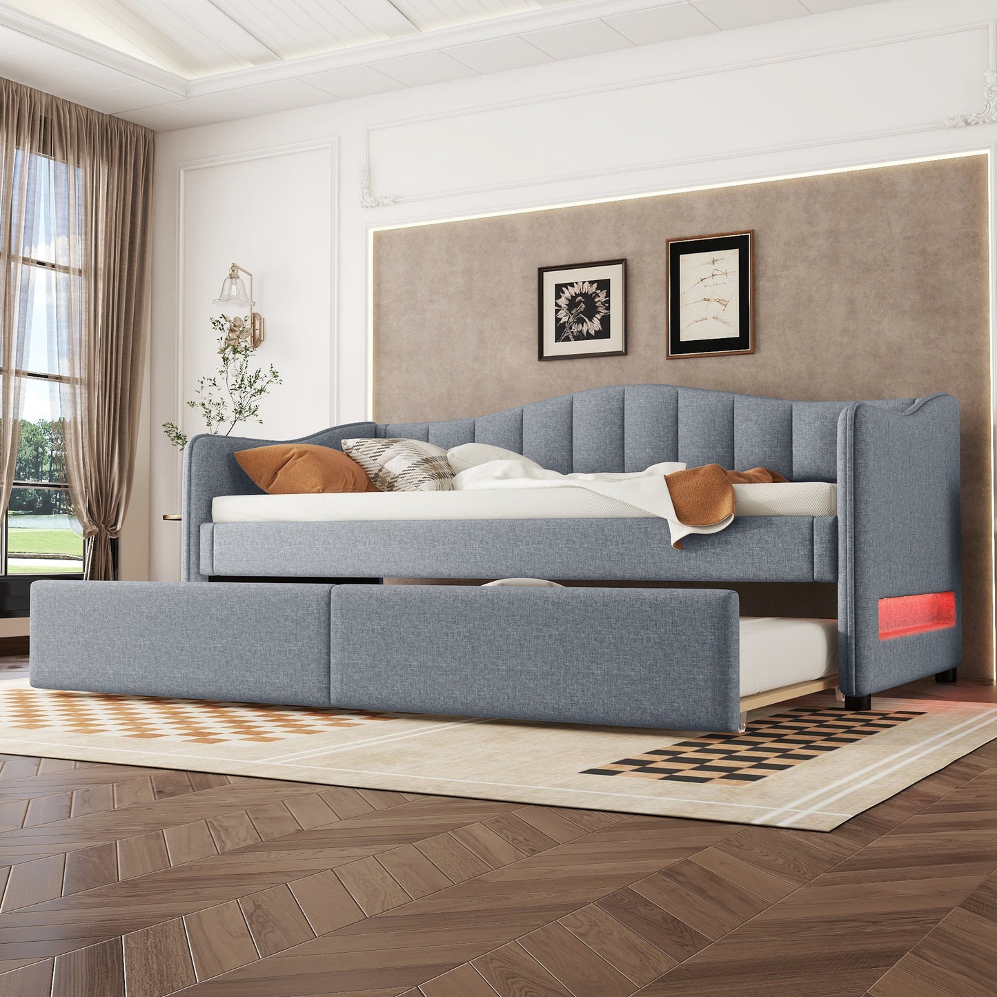 Daybed, 90x200cm Daybed With Pull-Out Bed, Sofa Bed, Single Bed Without Mattress , Ambient Light Design, Linen, Minimalist Styling, Grey