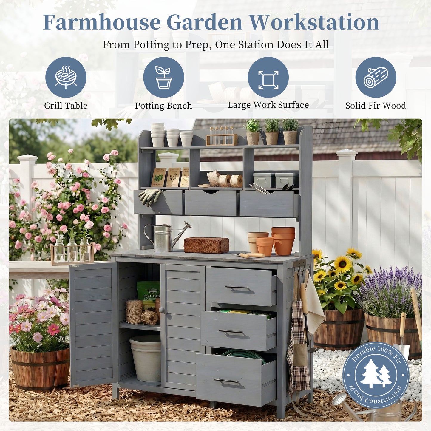 With Assembly Video  TOPMAx Farmhouse Patio Potting Bench  44.6 X19.5  Large Freestanding Garden Workstation With 6 Drawers  Bottom Cabinet And Side Hook  Outdoor Kitchen Island  Gray