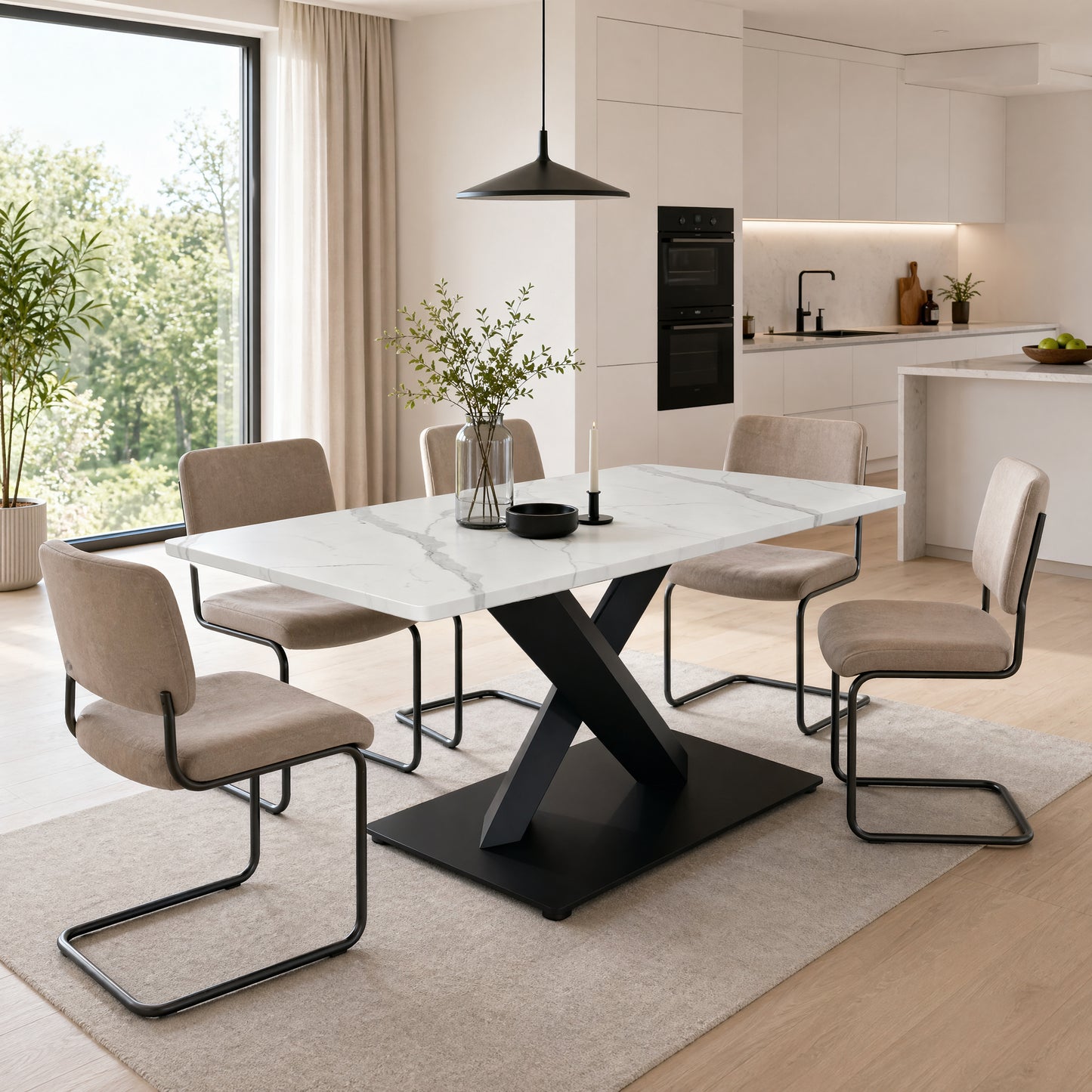 Modern Rectangular Dining Table For 6-8,Large White Kitchen Table With MDF Desk And Black Metal Base,White Marble Patterned Wooden Table,X-Shape Support Dining Table For Home Office Living