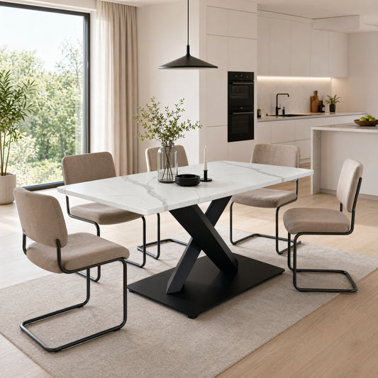 Modern Rectangular Dining Table For 6-8,Large White Kitchen Table With MDF Desk And Black Metal Base,White Marble Patterned Wooden Table,X-Shape Support Dining Table For Home Office Living