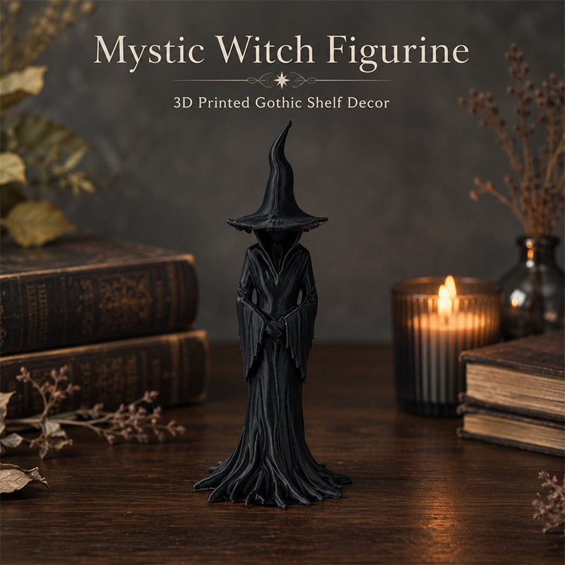 Faceless Mystic Witch Figurine, Matte Black Gothic Statue, 3D Printed Desktop Shelf Ornament, Halloween Witchcraft Table Decor Gift
