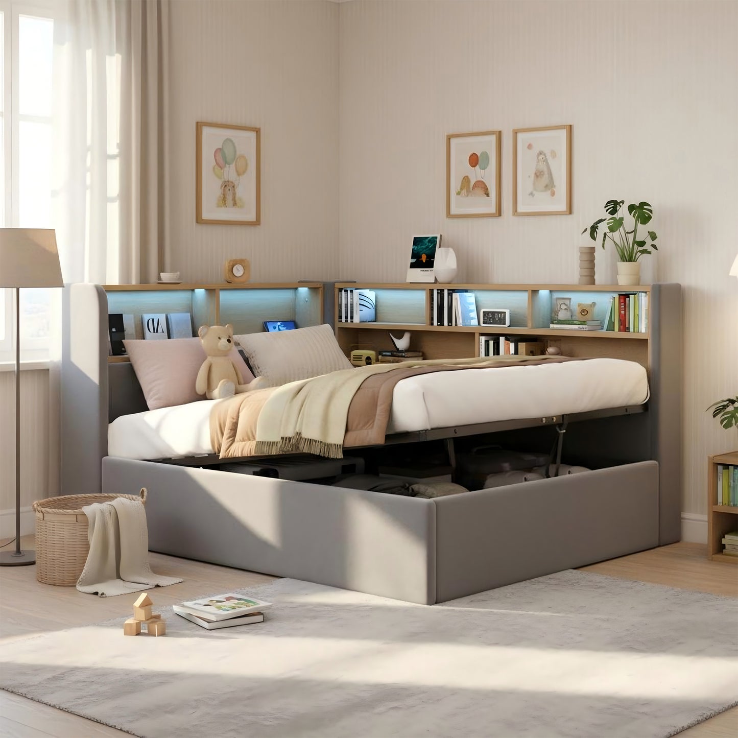 Daybed, L-shaped Upholstered With Storage Compartment, Sofa Bed With Storage, LED, USB Charging Port, 3FT Single Bed 90x190cm, Hydraulic Storage Bed Frame, Velvet, Grey