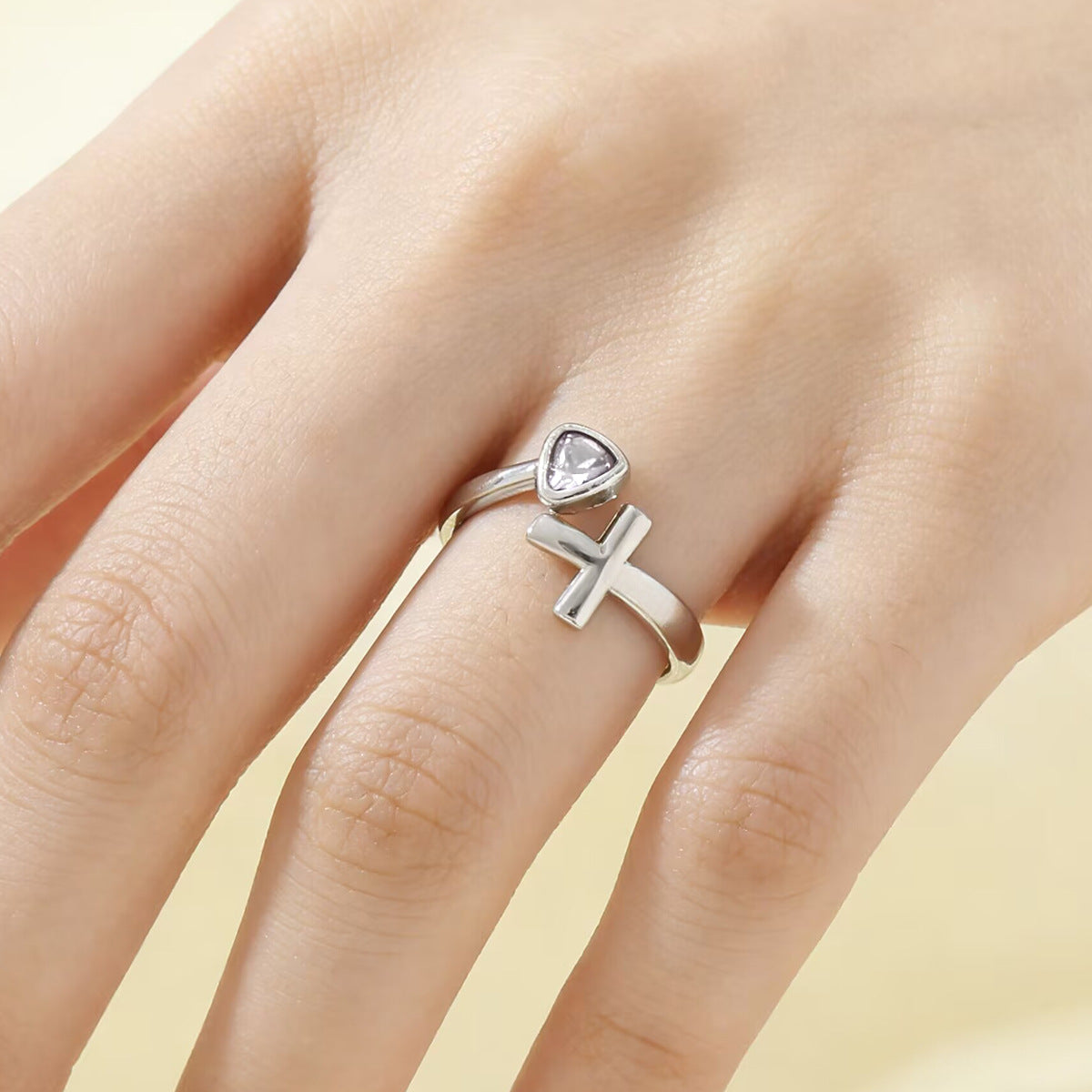 Cross-Border Hot-Selling Item True Love Waits Heart-Shaped Cross Copper Ring With Diamonds, Adjustable Open Ring Gift