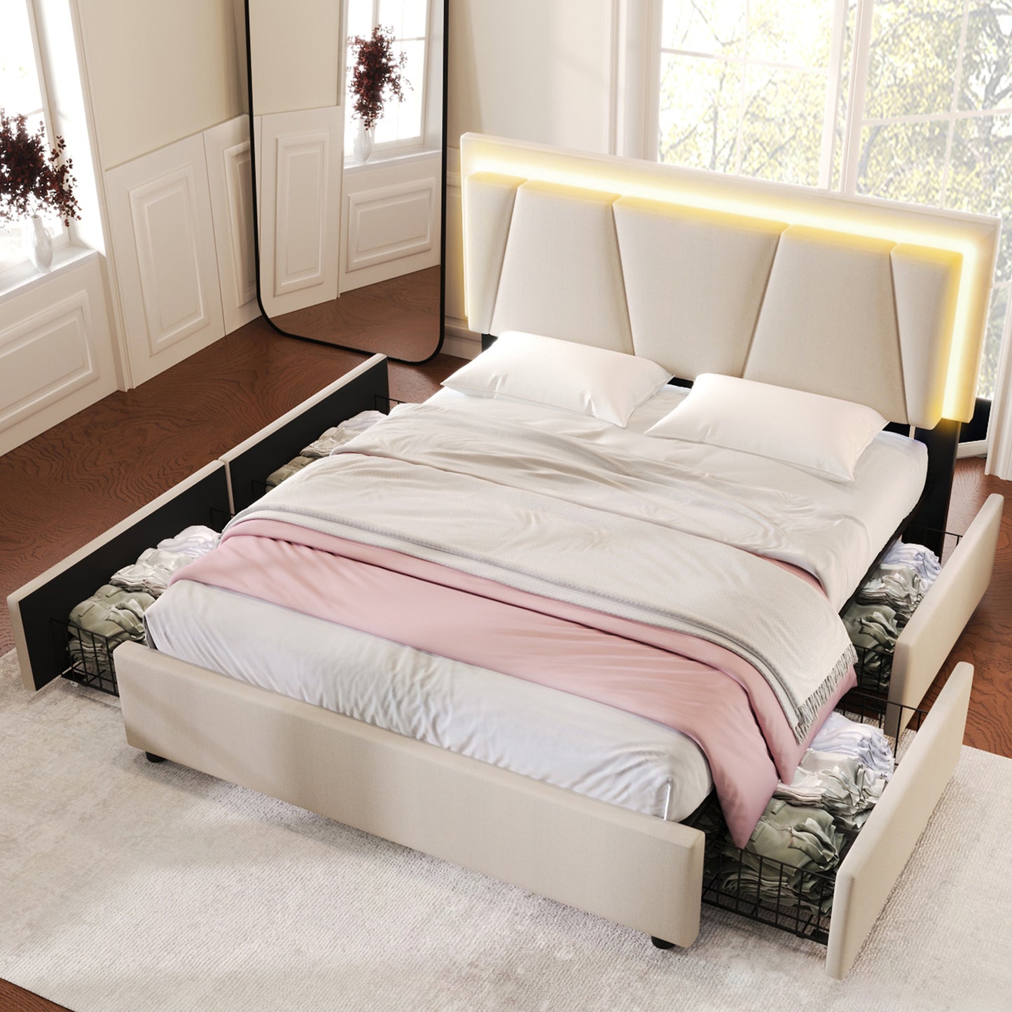 808182AAB Upholstered Bed With LED Lighting And 4 Drawers,Height-adjustable Headboard,Double Bed 160x200cm Storage Beds Bed Frame, Wooden Slatted Frame, Beige  Without Mattress