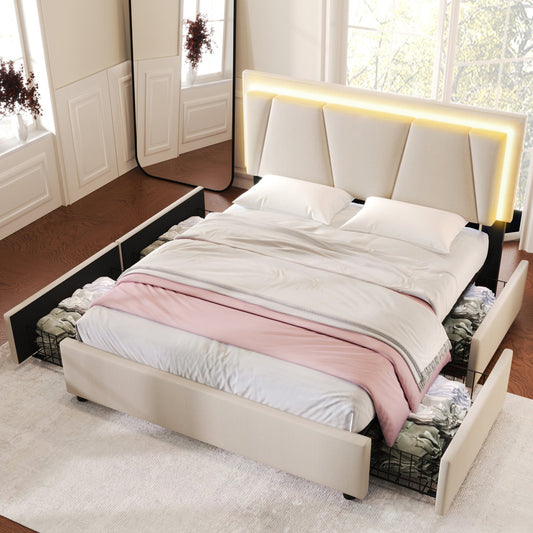 Upholstered Bed With LED Lighting And 4 Drawers,Height-adjustable Headboard,Double Bed 140x200cm Storage Beds Bed Frame, Wooden Slatted Base, Beige  Without Mattress