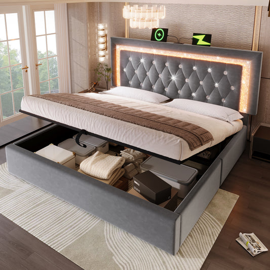 Upholstered Bed 135 X 190 Cm With LED Lighting, USB Type-C Charging, 4ft6 Hydraulic Storage Bed With Adjustable Diamond Tufted Headboard, Velvet, Grey No Mattress