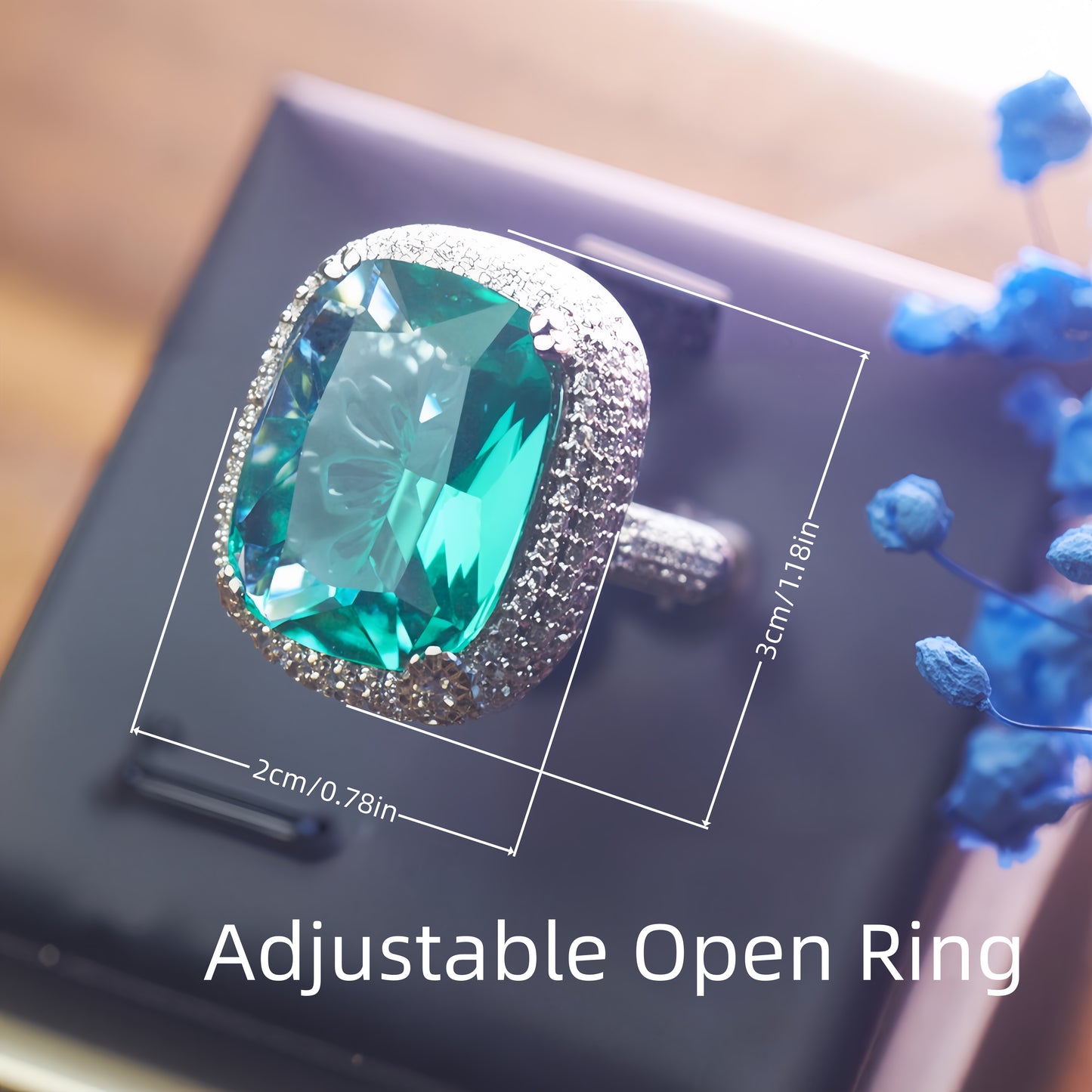 Rectangular Emerald Green CZ Double Halo Open Adjustable Statement Ring For Women, Copper Silver Plated Full Pave White Crystal Vintage Wedding Banquet Jewelry Gift