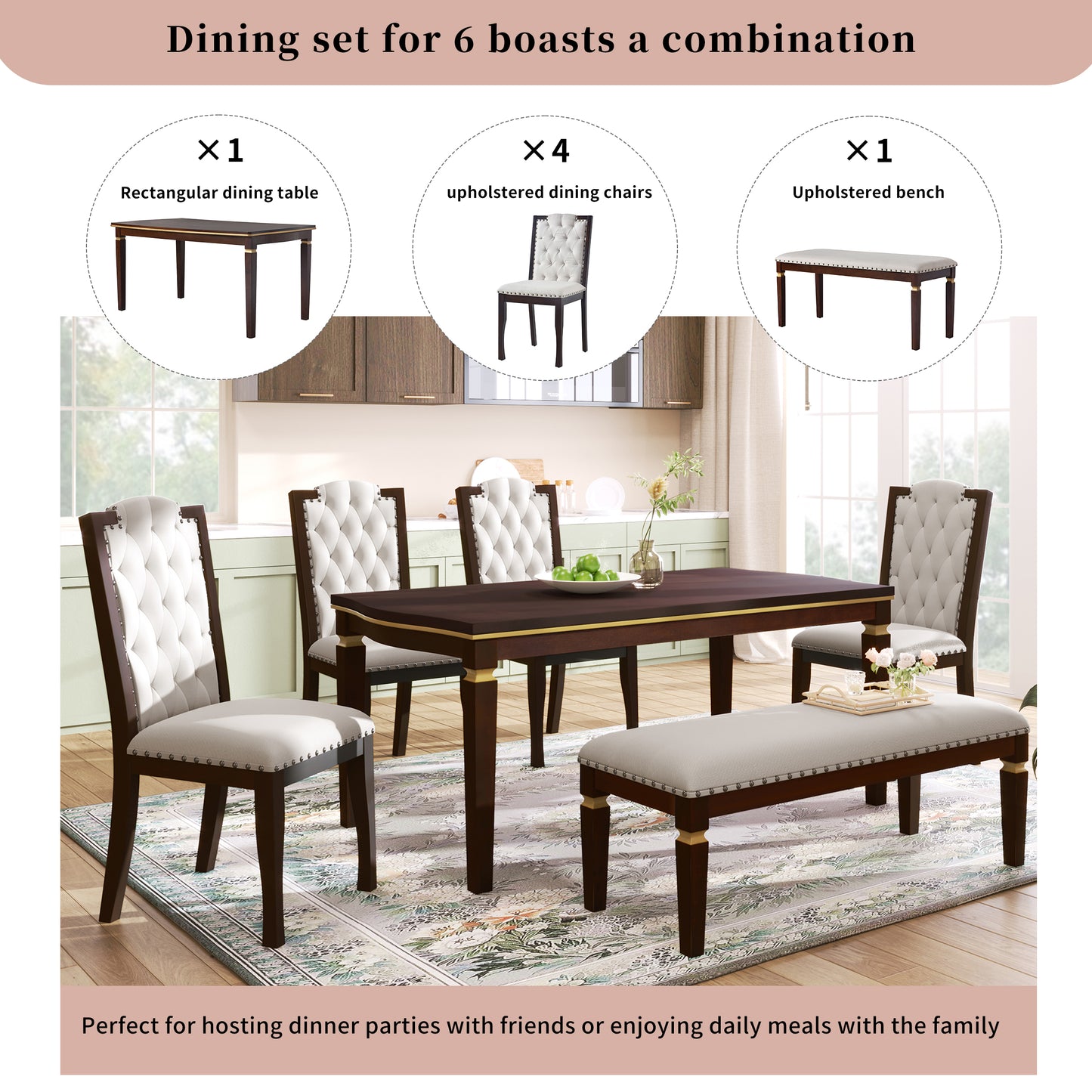 6 Piece Kitchen Dining Table Set, 60  Rectangular Table And 4 High-Back Tufted Chairs  1 Bench For Dining Room And Kitchen  Espresso  OLD