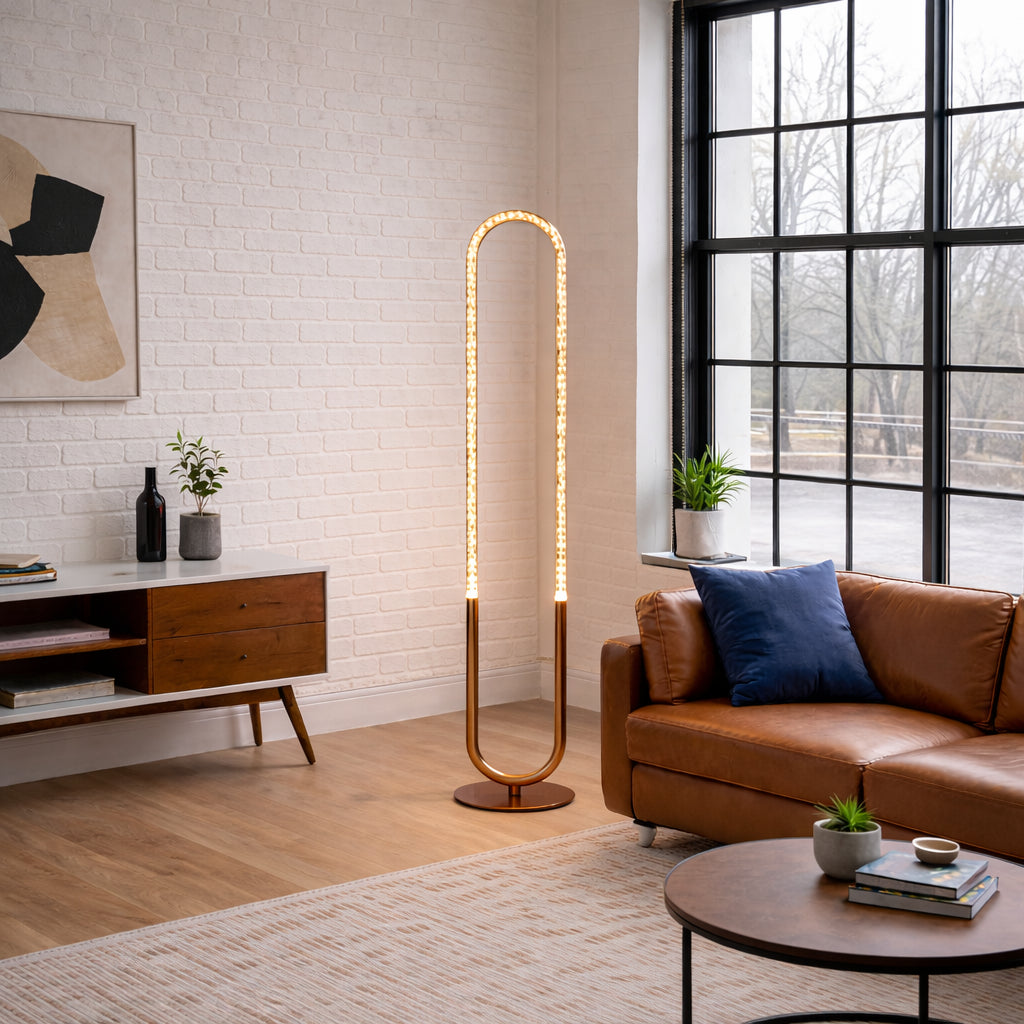 Contemporary Floor Lamp, LED Standing Light For Living Room Centerpiece, Bedroom & Office Lighting, Zeon LED Floor Lamp Coarse Gold And Clear 110-120V