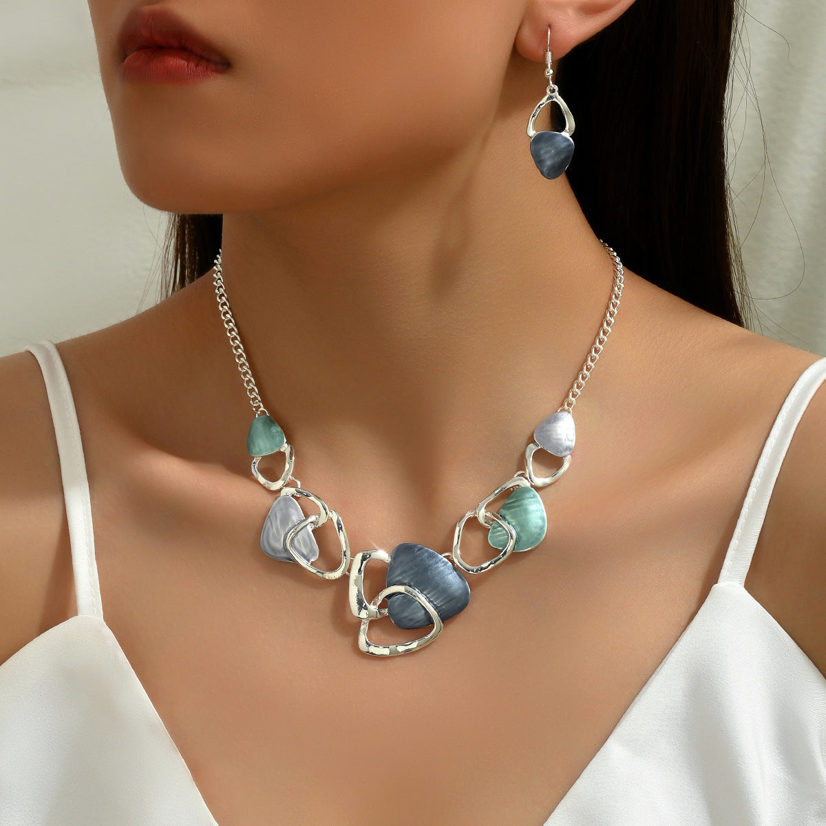 Hot Selling New Cross-Border Jewelry Set For Women, Round Enamel Drop Earrings & Irregular Design Clavicle Necklace, Elegant Premium Neck Ear Accessories