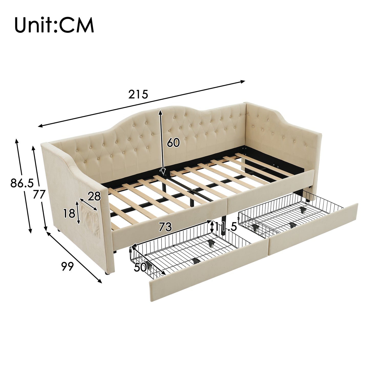 Upholstered Bed Daybed Sofa Bed Storage Beds Bed Frame With USB Type C Charging Function And 2 Drawers 90x200cm Velvet In Beige Velvet  Without Mattress