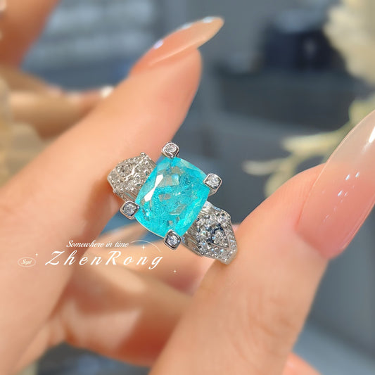 Fashion Elegant Paraiba Tourmaline Ring For Women, Niche Design Cushion Cut High Carbon Diamond Color Gemstone Adjustable Open Finger Ring