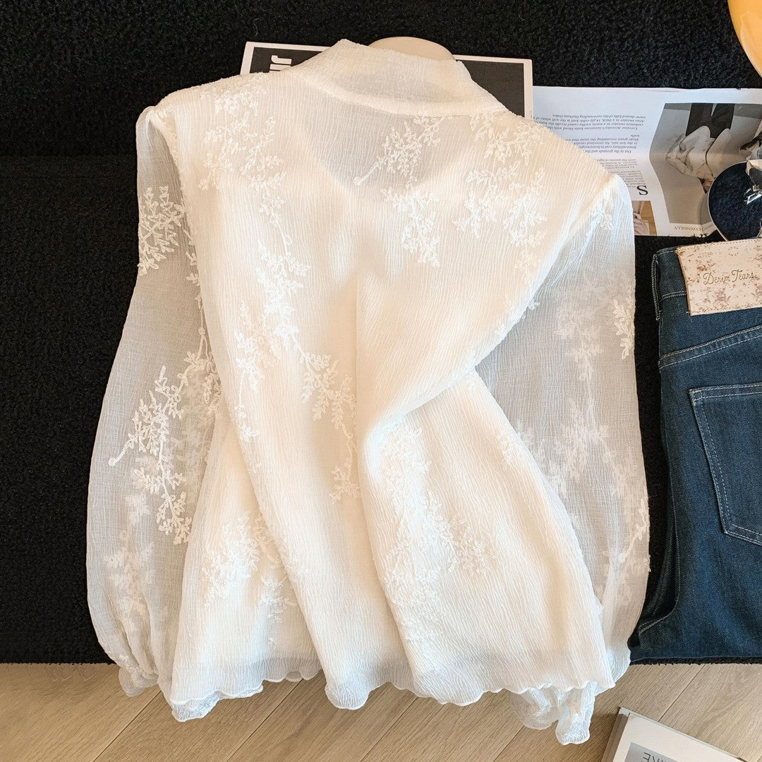 Womens Fashion Lace Jacquard Blouse With Tied Laces