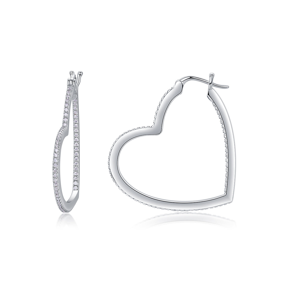 S925 Sterling Silver Open Heart Hoop Earrings, 44 D-VVS1 Moissanite Pave, Platinum Plated 5.4g Women's Jewelry Gift Box