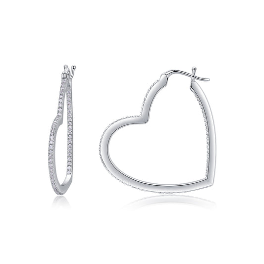 S925 Sterling Silver Open Heart Hoop Earrings, 44 D-VVS1 Moissanite Pave, Platinum Plated 5.4g Women's Jewelry Gift Box