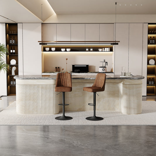 Adjustable Bar Stool In 2-piece Set, 360 Rotating, Seat And Backrest Made Of Brown, Breathable Technical Fabric, Legs Made Of Black Metal. Suitable For Kitchen Islands And Bar Counters.