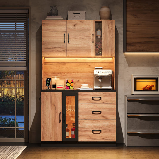 105 X40 X180 Cm Modern Kitchen Tall Cabinet, Black And Wood Look With LED Lighting, Adjustable Shelves And Euro-style Socket, Suitable For Kitchens, Dining Rooms, Living Rooms, Etc.
