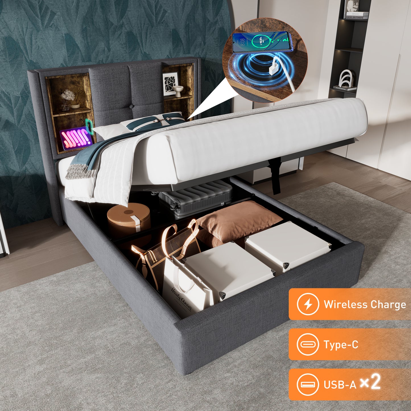 Single Bed With Wireless Charging USB C, Upholstered Bed Bed Frame 90x200cm, Bed Frame With Storage Slatted Base Made Of Wood-grey Cotton  Without Mattress