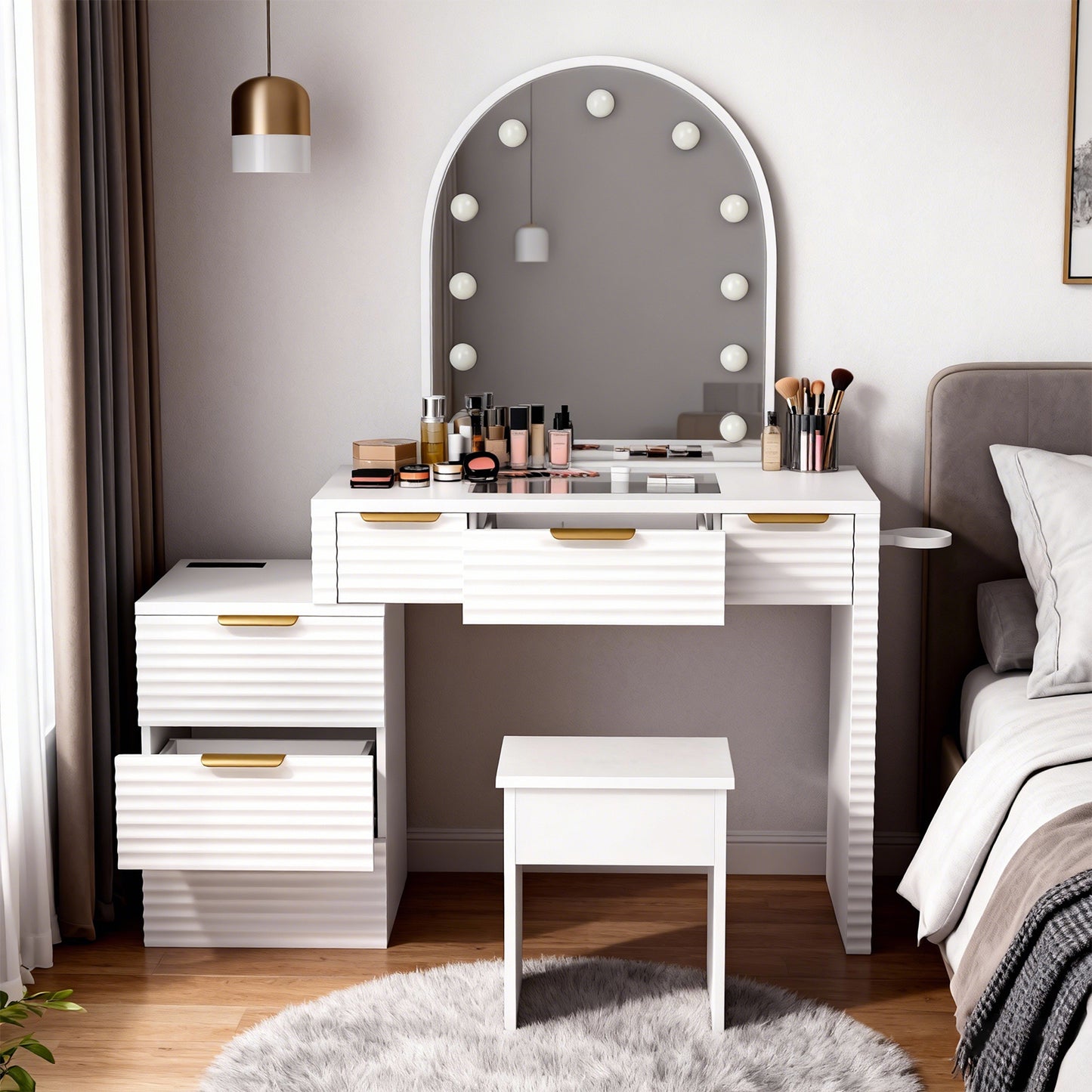 Makeup Vanity Desk With Mirror Lights Glass Tabletop 3 Lighting Modes Adjustable Vanity Table Modern Makeup Desk With Chair Power Outlet And 6 Drawers For Bedroom