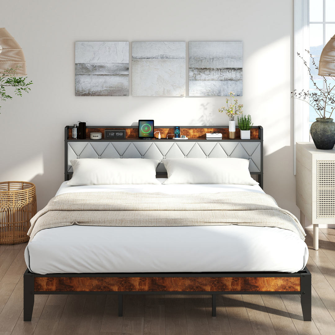 Soft-padded Headboard With Storage, Charging Port, Iron Frame Bed
