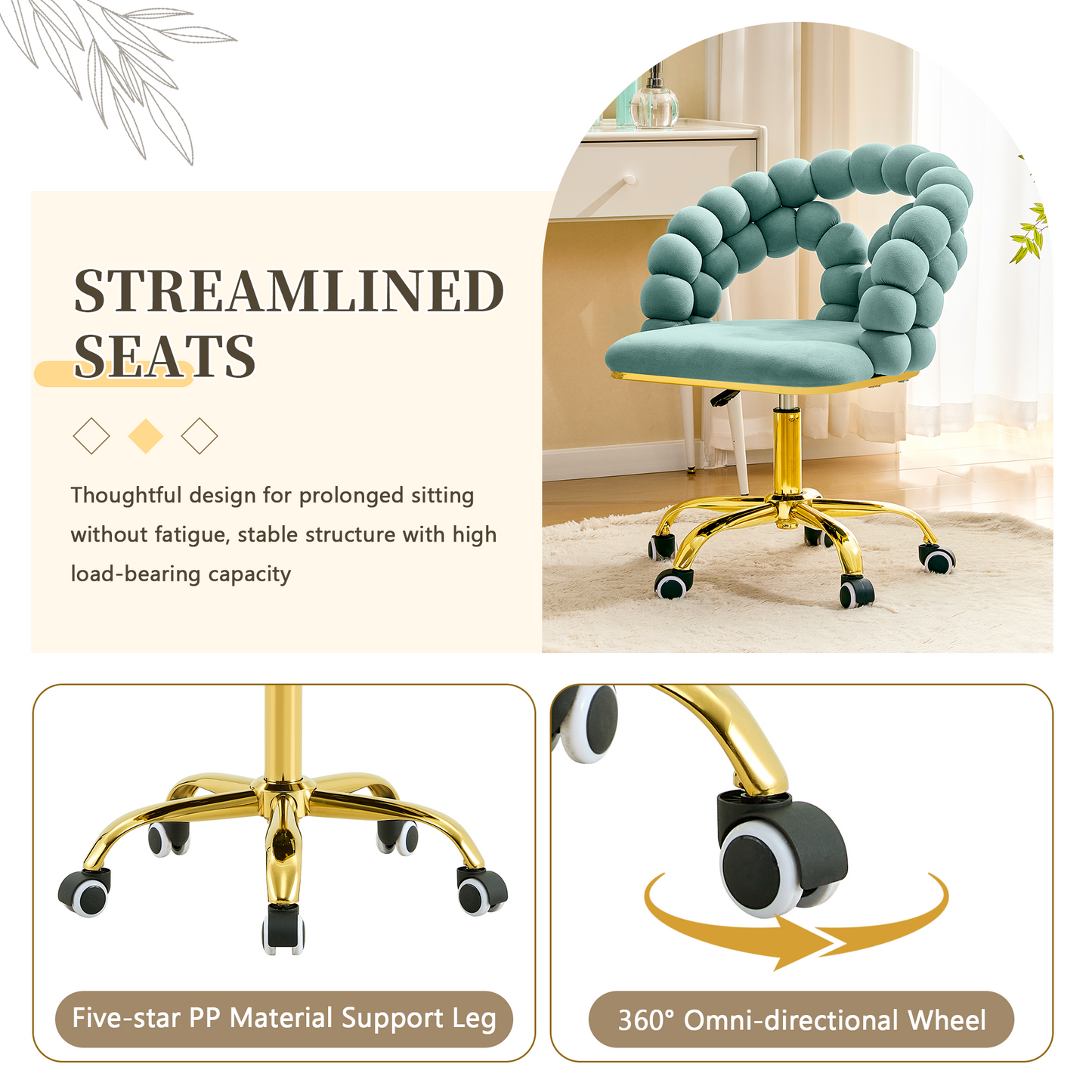 Modern Velvet Adjustable Swivel Desk Chair With Bubble Back, Upholstered Vanity Chair With Gold Metal Base, Rolling Office Chair For Home Office, Bedroom, Makeup Room, Teal  Set Of 1