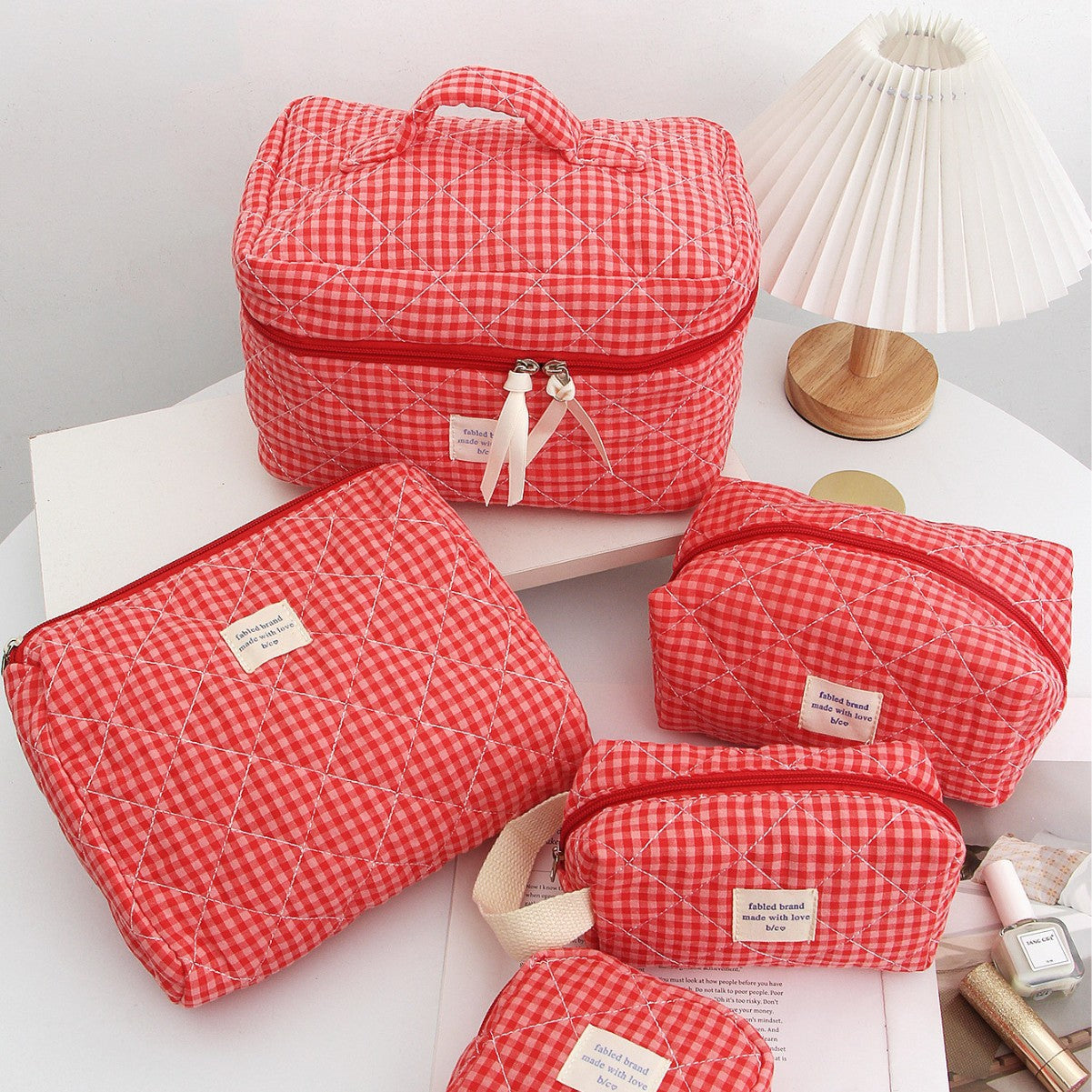 Red Plaid Makeup Bag Portable For Travel
