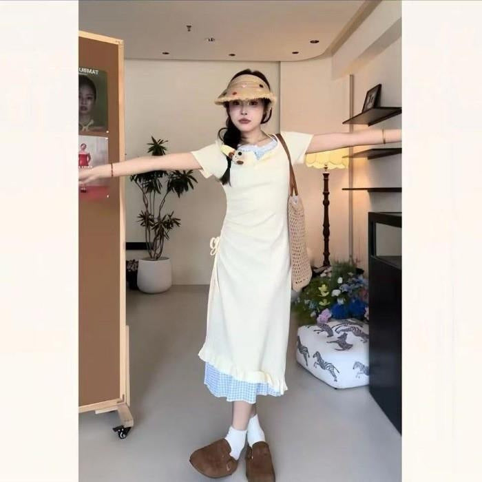 Korean-style Sweet Two-piece Look Dress For Women Asymmetrical Drawstring Waist