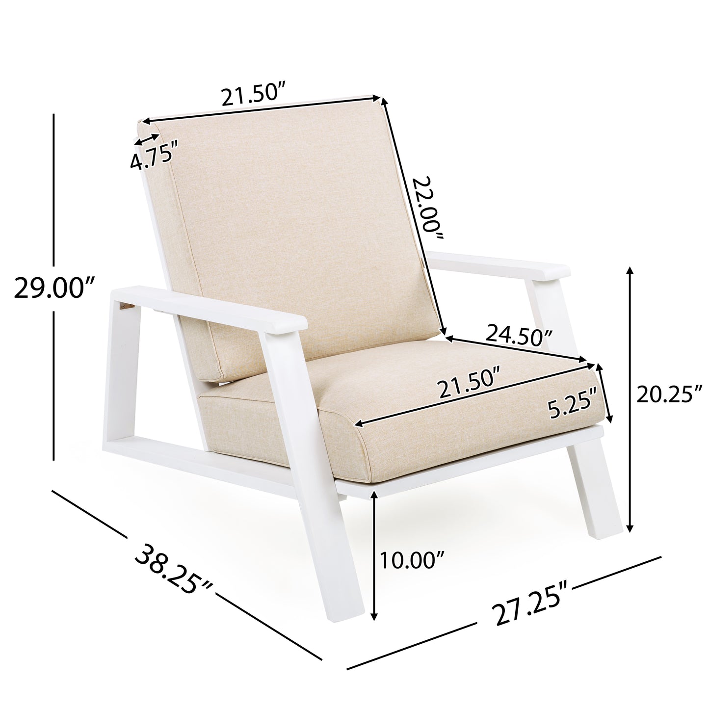 Patio Lounge Chair, Outdoor Club Chair With Beige Cushion And White Acacia Wood Frame