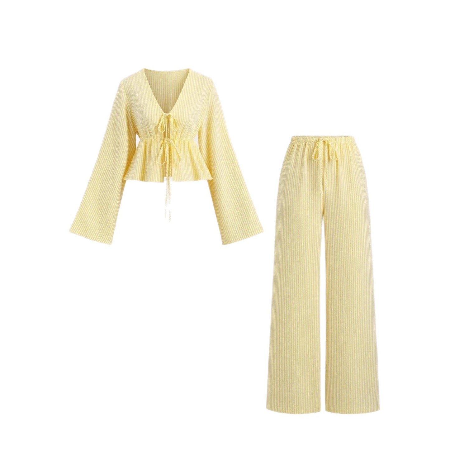 New Stylish Premium-feel Striped Loose-fit Belted Top With Casual Long-sleeve Set