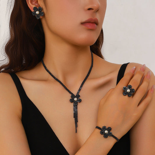 Womens Long Floral Tassel Claw Chain Jewelry Set,Necklace And Earrings Costume Accessories For Daily Banquet Party Wear