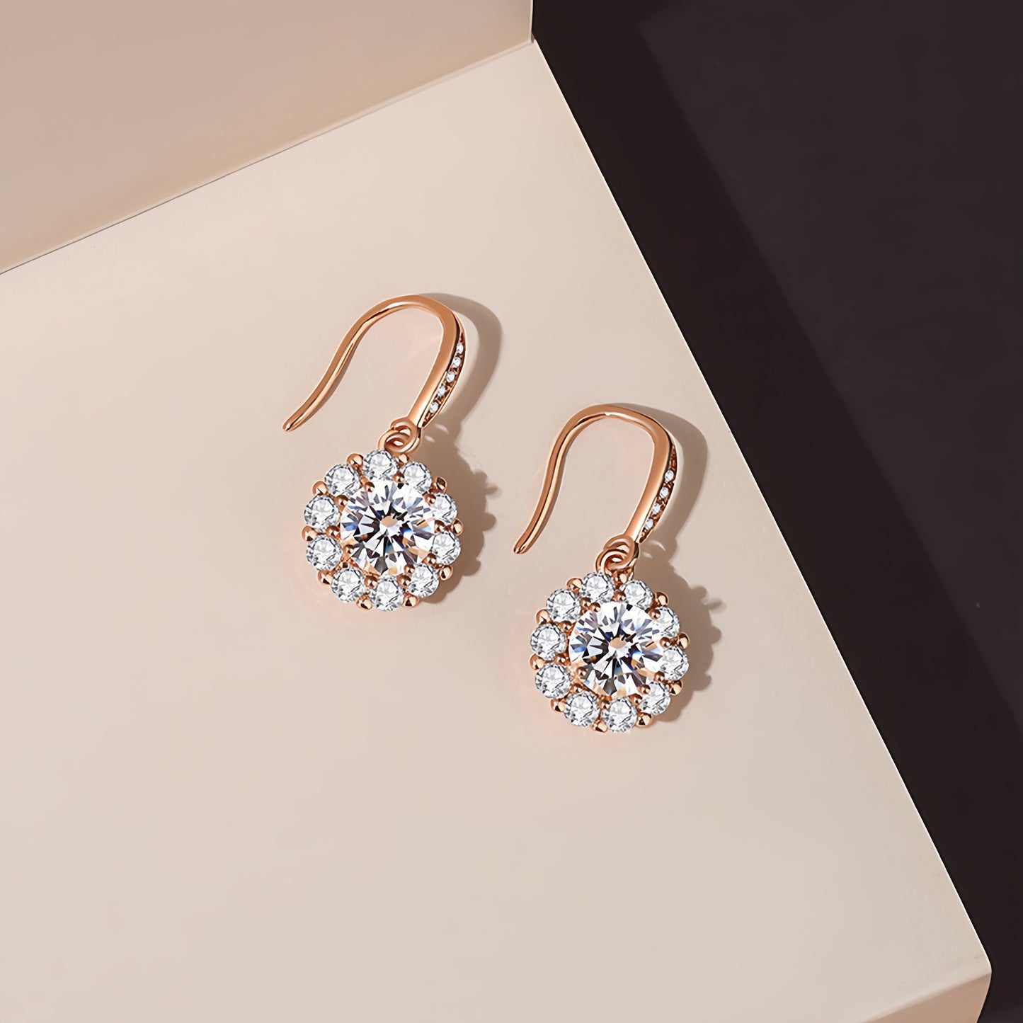 Sunburst Double Halo Round Clear CZ Leverback Dangle Drop Earrings For Women, Copper Rose Gold Plated Bridal Wedding Anniversary Fine Jewelry Gift