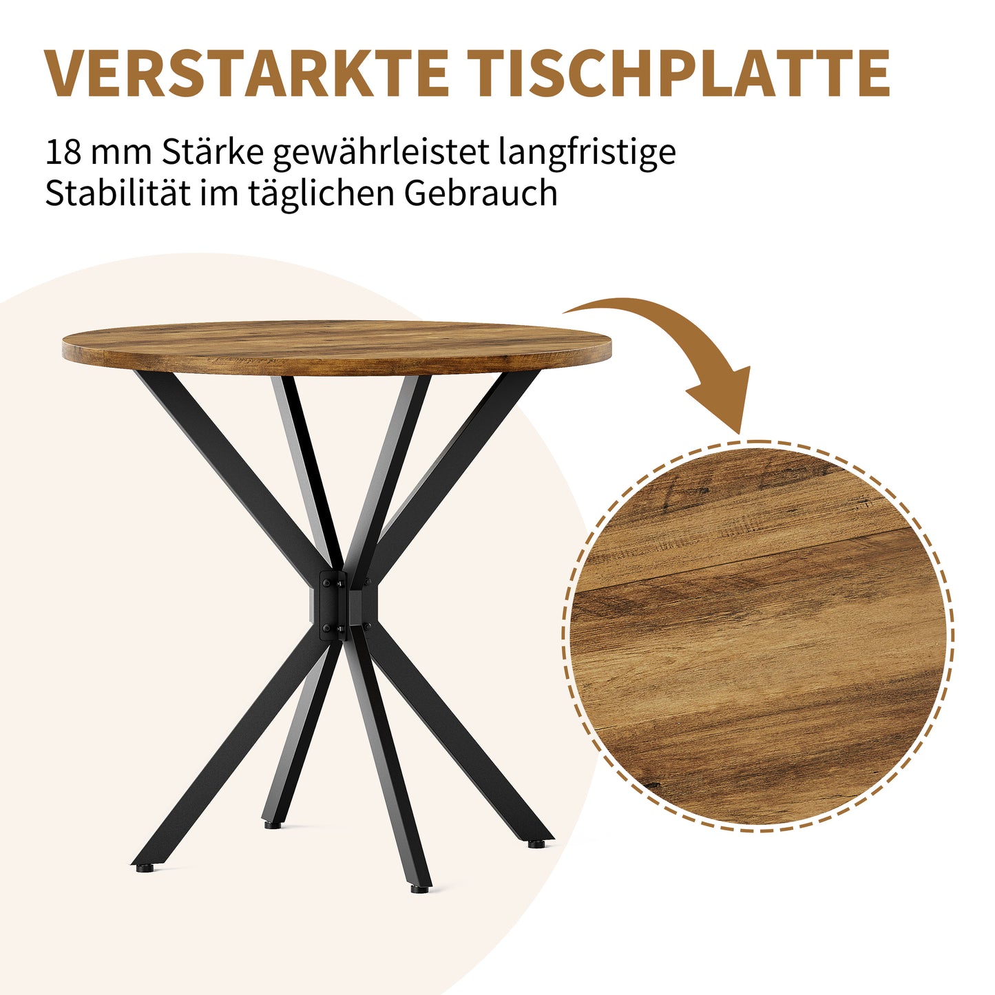 Farmhouse Style Round Table With X-legs, 80 Cm - Kitchen Table, Dining Table For Living Room, Home Office, Balcony Or Cafe - Retro Brown & Black