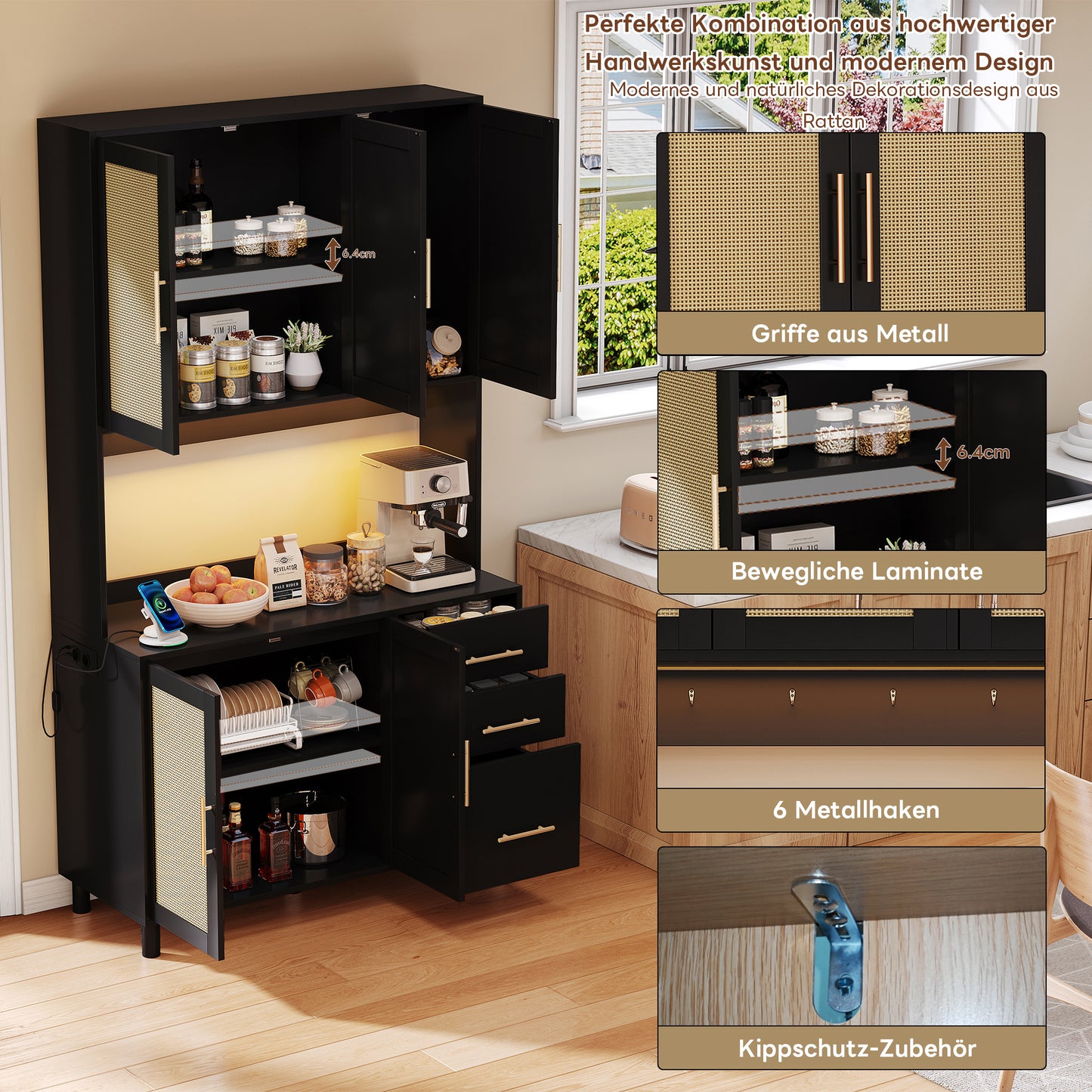 183cm Kitchen Credenza, Buffet, App-Controlled LED Decorative Lights, 2 X USB, 2 X Sockets, Adjustable Shelves, 3 Drawers, Golden Metal Handles, Ideal For Kitchens And Dining Rooms.