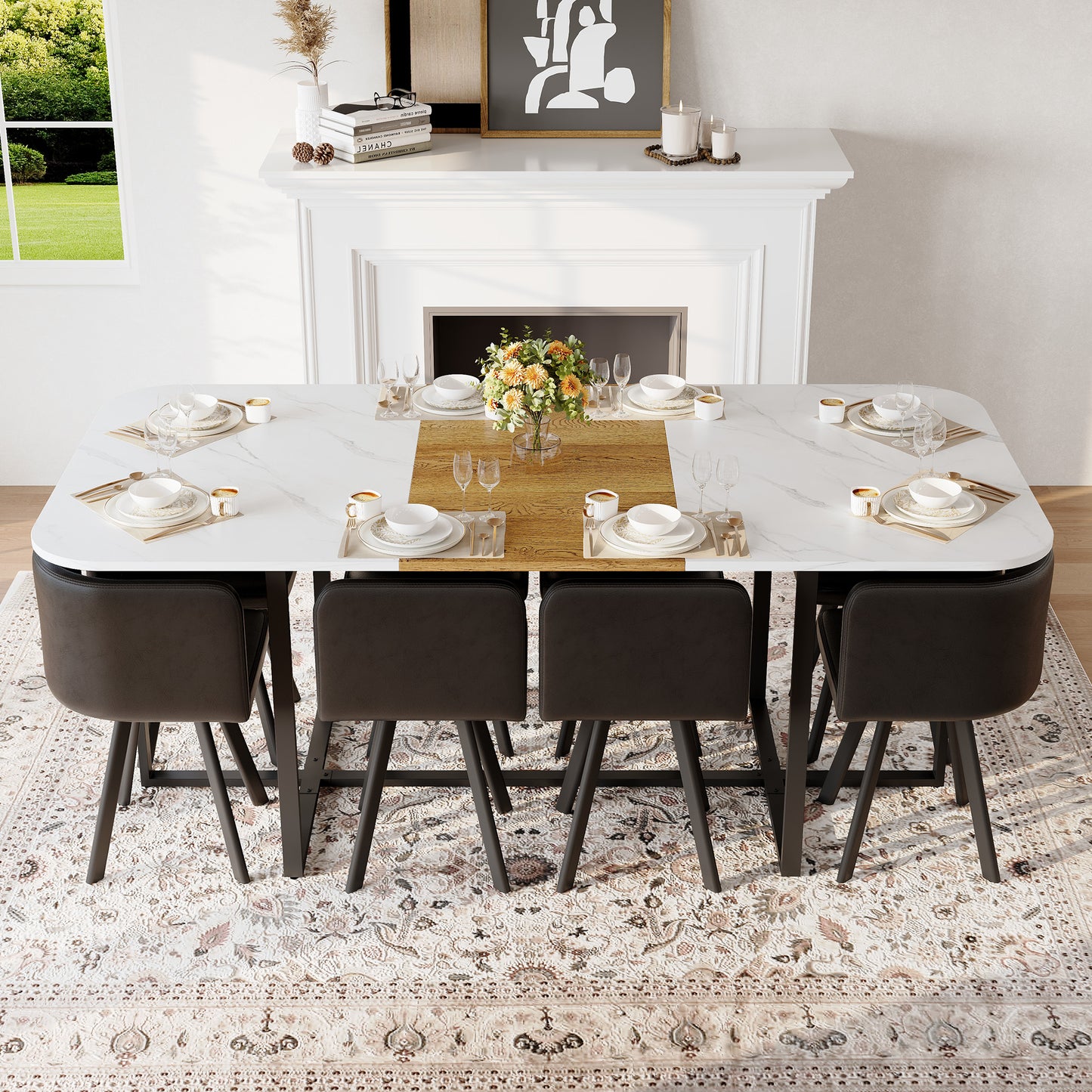 9-Piece Square Dining Table Set, Fixed White Faux Marble & Wood Grain Triamine Tabletop With 8 Black Faux Leather Chairs, Modern Kitchen Table Set For 8 People, Ideal For Family Gatherings