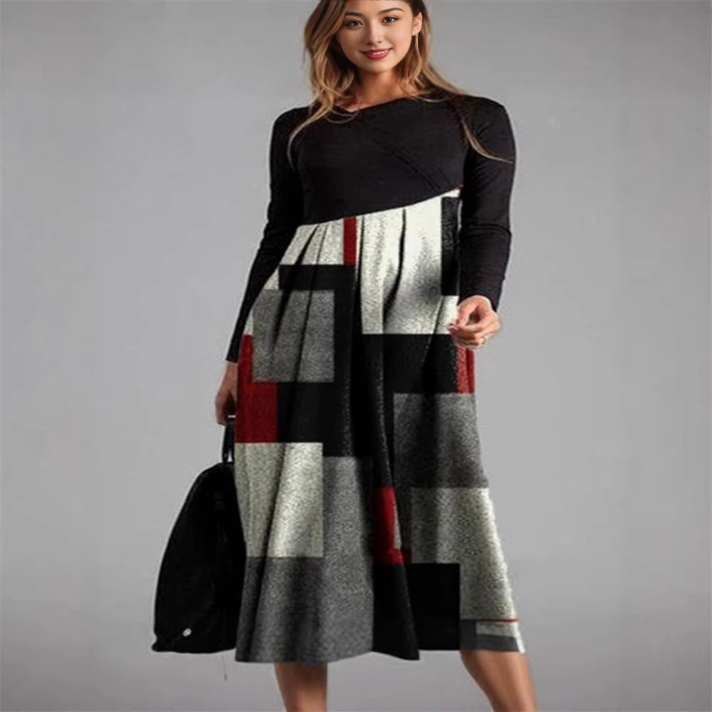 New Womens Long Sleeve Patchwork Plaid Dress