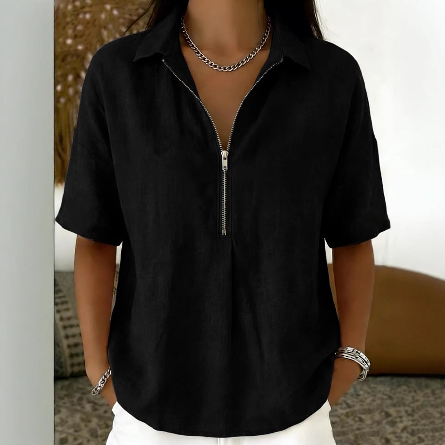 Womens Fashion Solid-color Zip-up Short-sleeve T-shirt