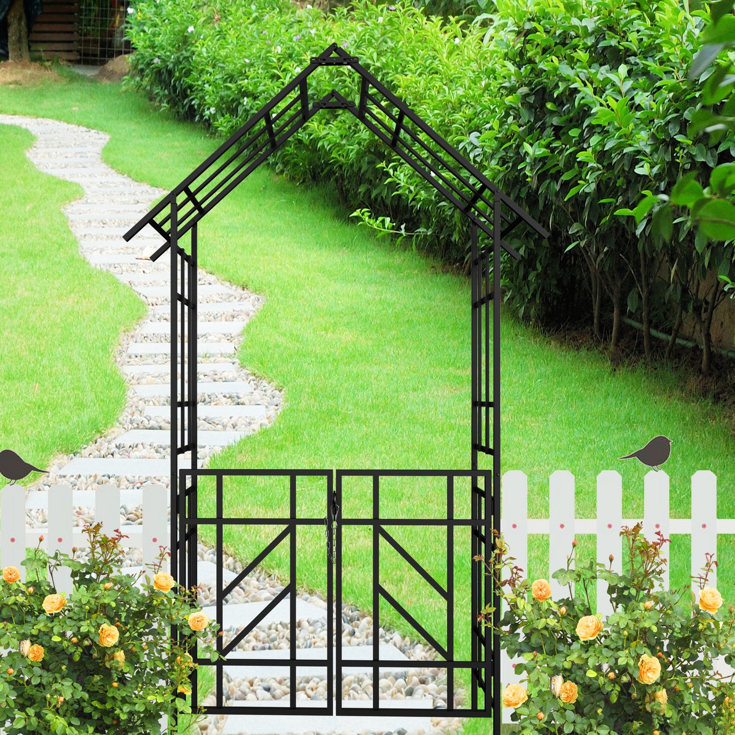 Metal Garden Arch With Gate W58.07XH97.24 Climbing Plants Support Rose Arch Outdoor Black