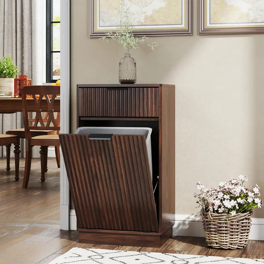 10-Gallon Woodgrain Tilt-Out Trash Can Cabinet Wooden Garbage Recycling Cabinet With Wave-Textured Hideaway Drawer&Pull-Out Bin-Multipurpose Kitchen&Bath Organizer In Walnut Finish