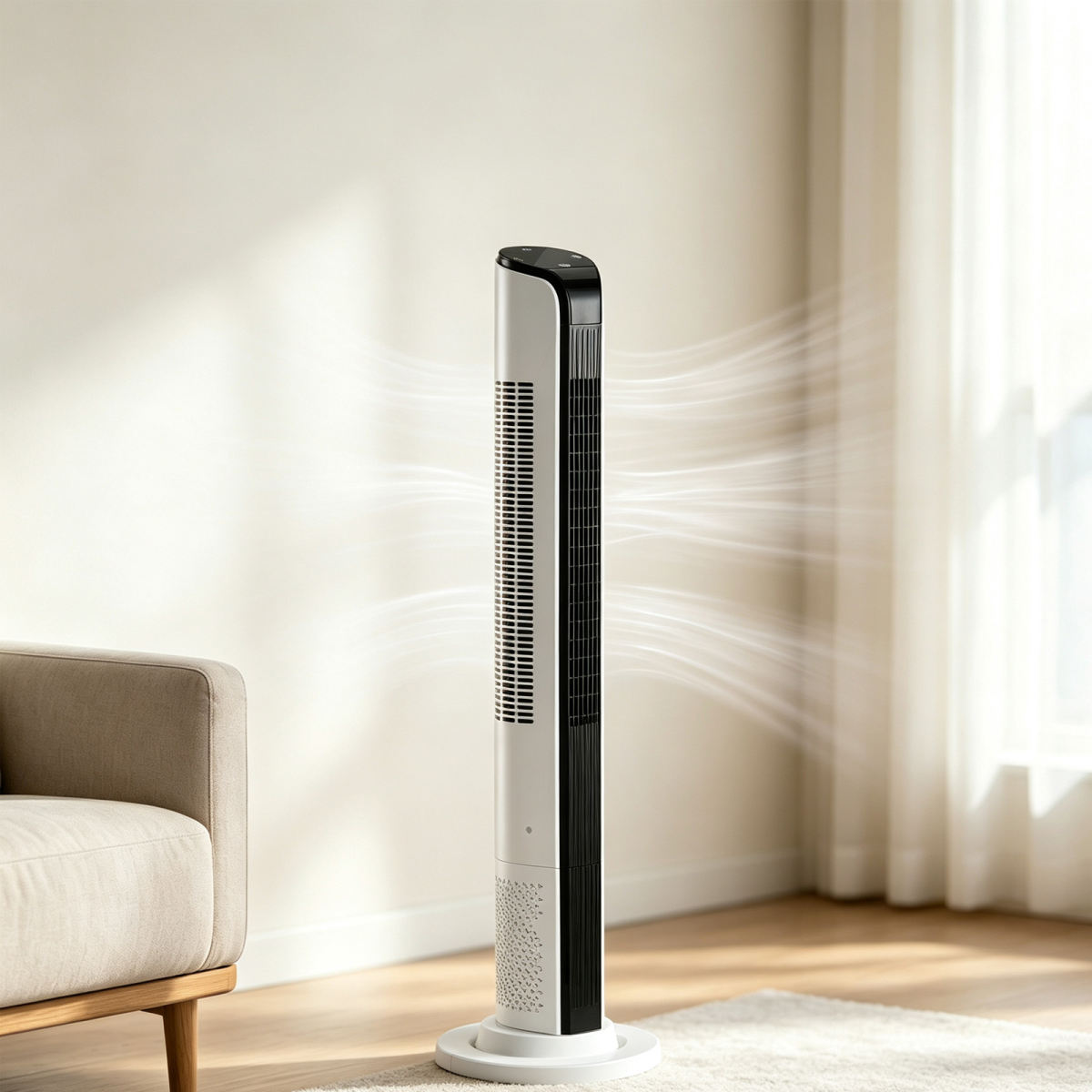 42 Inch Smart Tower Fan, 110V 65W All-Copper Motor Bladeless Standing Fan, Remote WiFi APP Control, Digital Display, 3 Speeds 3 Modes, 12H Timer, Space Saving Tower Fan For Bedroom Living Room, No Wat