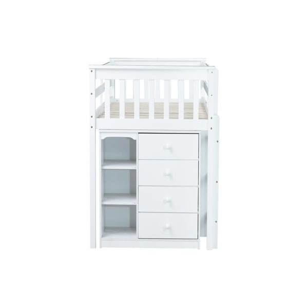Twin Loft Bed With Storage Cabinet, Drawer And Shelf Cabinet And Pulling-Out Desk, Rubber Wood Loft Bed With Safety Guardrail, Ladder,White