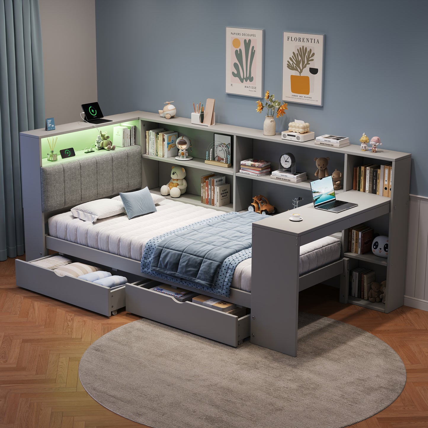 3ft Single L-Shape Daybed With Storage Drawers And Bookcase Storage, LED Linen Concealed Headboard Storage With Charging Station, Wood Bed For Living Room Bedroom Study Room, Grey  No Mattress