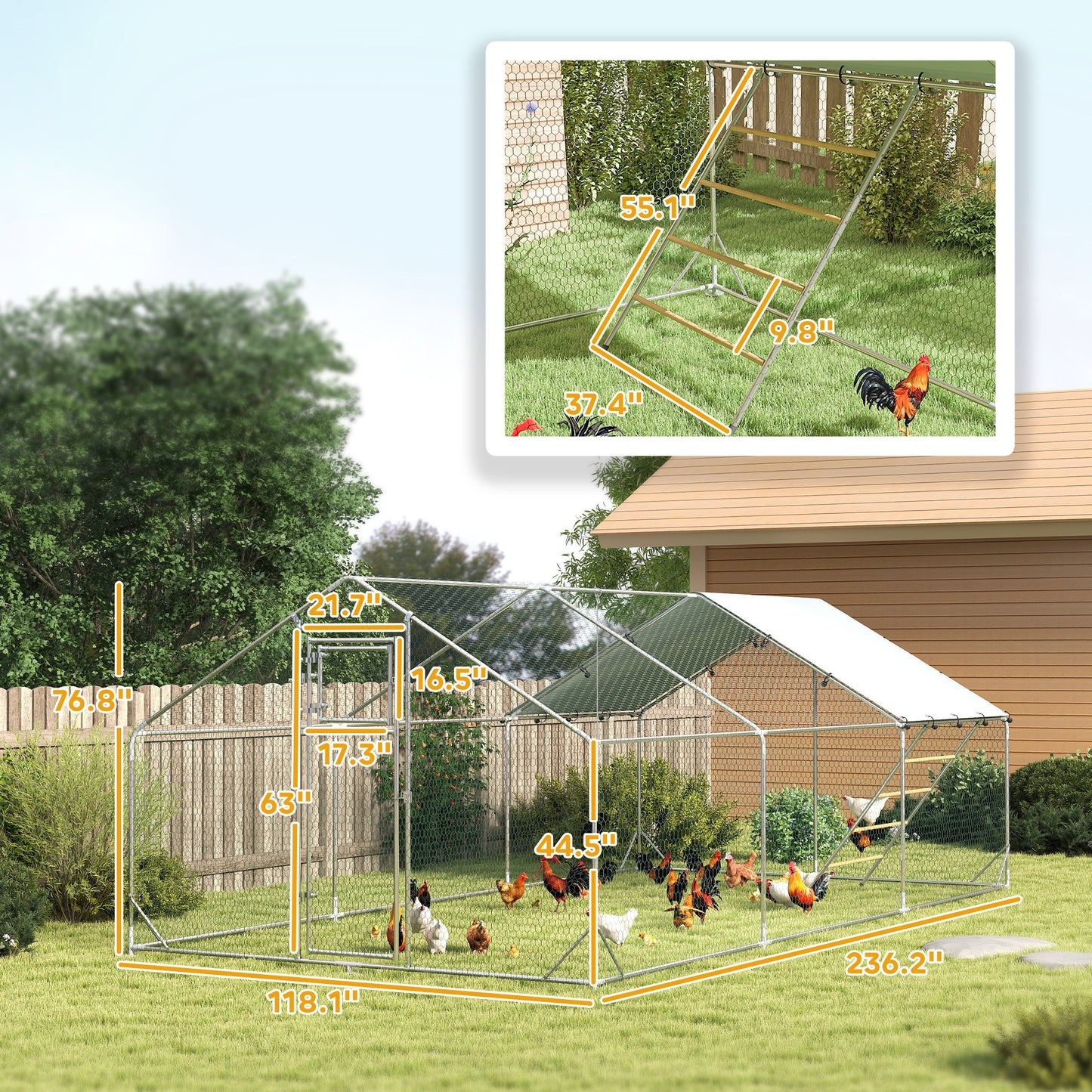 Metal Chicken Run w/ Waterproof & Anti-UV Cover, Feeding Door, Hanging Feeder, for 18-24 Chickens, 9.8 x 19.7 x 6.4