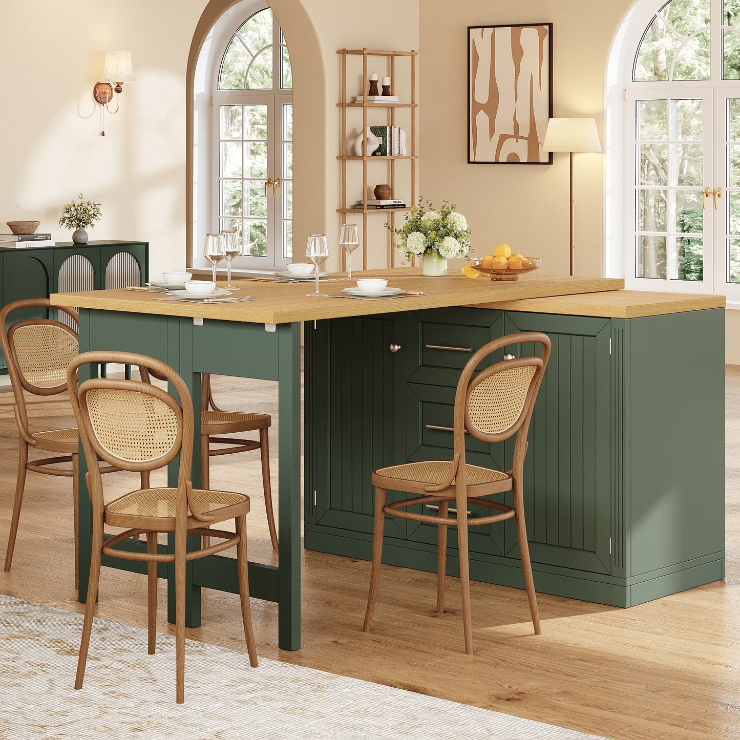 Extendable Sideboard & Table Combo, 120-197cm Adjustable Dining Table With Storage, 3 Drawers & Snack Racks, Space-Saving Kitchen Island For Small Flats, White Antique Green