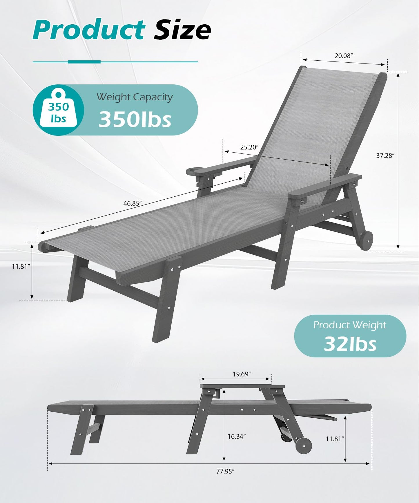 Lounge Chair Outdoor, HDPE Chaise Lounge Outdoor With Wheels, Patio Lounge Chair Adjustable 5-Position Recliner For Patio, Poolside, Yard, Grey