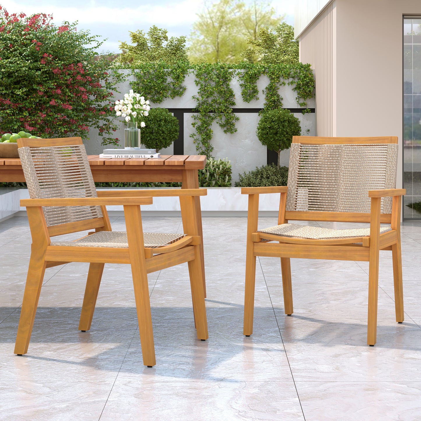 Outdoor Dining Chairs Set Of 2, Teak Finish Wood Frame And Mix Brown Rope, Natural Courtyard Style, 400lbs Capacity